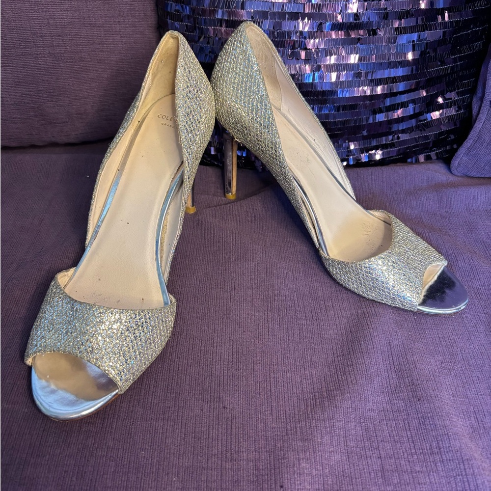 Cole Haan Shimmering Metallic Peep-Toe Heels with Textured Finish Size 10